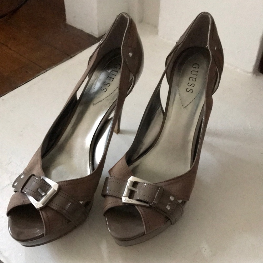 Guess tan suede platform heels